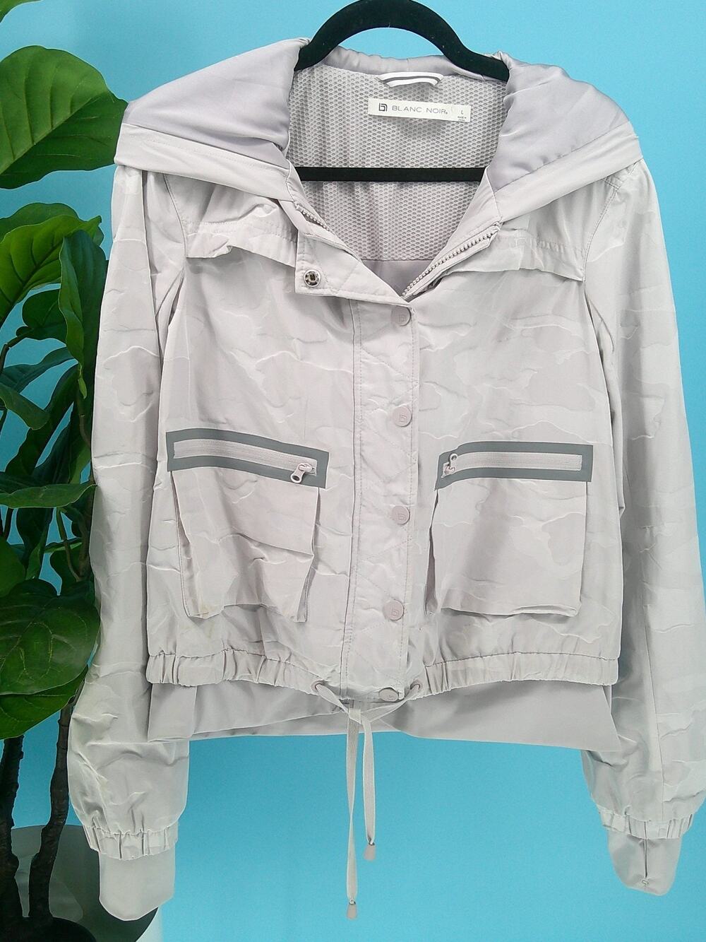 Blanc Noir Womens Sz Large Light Gray Skyfall Camo Print Hooded Aviator Jacket